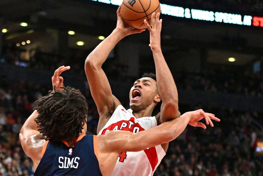 Toronto Raptors forward Scottie Barnes (4) shoots the ball over New York Knicks centre Jericho Sims (45) in the second half at Scotiabank Arena. 