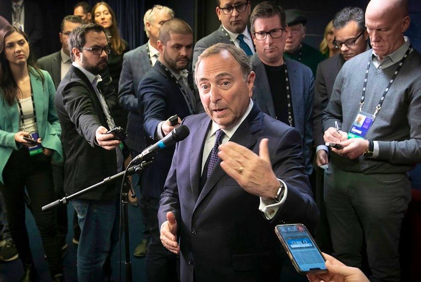 NHL commissioner Gary Bettman answers questions during a media scrum in Montreal on Tuesday Jan. 24, 2023 prior to Montreal Canadiens vs Boston Bruins game.