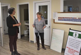 NSNDP leader Claudia Chender chats with Colchester Food Bank executive director Shelly DeViller while in Truro on Tuesday (Jan. 24) afternoon. Richard MacKenzie