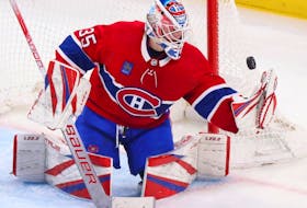 Montreal Canadiens' Sam Montembeault makes a save during third period against the Nashville Predators in Montreal on Jan. 12, 2023.