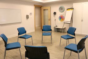 A group meeting room at a new Health PEI mental health day treatment facility near the Hillsborough Hospital. The new building will include space for temporary housing and meeting space for day programming, focused on teaching soft skills such as budgetting, cooking and regulating stress.