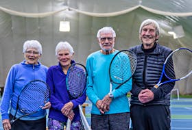 Truro Tennis Club members who continue to play into their 80s include Dede Hayden (left), who just recently had to retire her racquet due to an arthritic hip, Robin MacLennan, Larry Burt and Horst Soehl. Linda Chisholm
