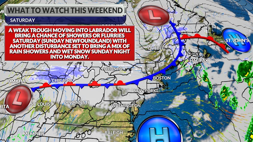 Two relatively weak troughs of low-pressure will impact our weather this weekend into early next week, with more widespread impacts Sunday night and Monday.