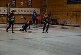 Skip Suzanne Birt makes a shot as second stone Michelle Shea, left, and lead Meaghan Hughes prepare to sweep during the A section final of the P.E.I. Scotties Tournament of Hearts provincial women’s curling championship in Crapaud on Jan. 26. Team Birt defeated Melissa Morrow of Summerside 8-0. Jason Simmonds • The Guardian
