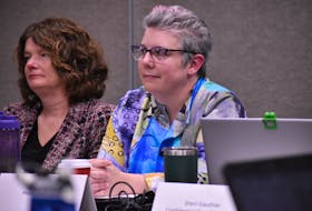 Zone 5 trustee Jodi Zver, left, and board chair Heather Mullen listen to a presentation at the first public meeting of the Public Schools Branch board of elected trustees on Jan. 26 in Stratford. Alison Jenkins • The Guardian