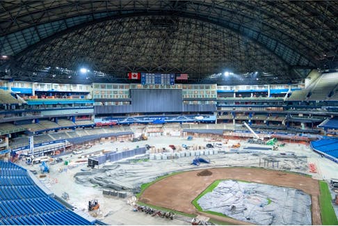 Ongoing construction and renovations at the Rogers Centre plus artist's renderings of what the stadium should look like when the it is finished. 