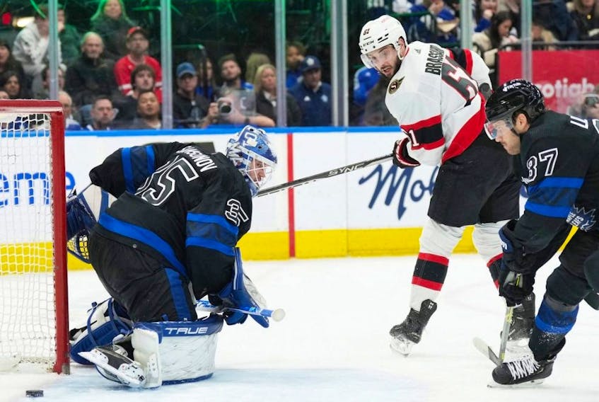 Senators centre Derick Brassard (61) scores a goal on Maple Leafs goaltender Ilya Samsonov during the second period at Scotiabank Arena in Toronto, Friday, Jan. 27, 2023.