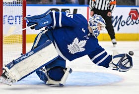Toronto Maple Leafs goalie Ilya Samsonov makes a glove save against the New York Rangers in the second period at Scotiabank Arena in Toronto on Jan. 25, 2023.