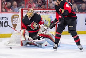 Senators goalie Anton Forsberg (31) makes a save against the Montreal Canadiens at the Canadian Tire Centre on Saturday.