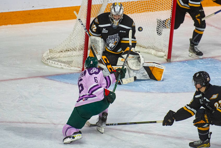 Halifax Mooseheads centre Markus Vidicek scores a goal on Cape Breton Eagles goalie Nicolas Ruccia at the Scotiabank Centre on Saturday, Jan. 28, 2023. Halifax players were wearing special jerseys that will up for grabs in the Mooseheads Fight Cancer jersey auction.
Ryan Taplin - The Chronicle Herald