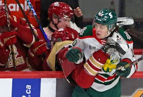 Halifax Mooseheads Mathieu Cataford, knocks Acadie Bathurst Titan Dominik Godin into the Titan bench and gets a close shave in the process, during QMJHL action in Halifax Sunday January 29, 2023.

TIM KROCHAK PHOTO
