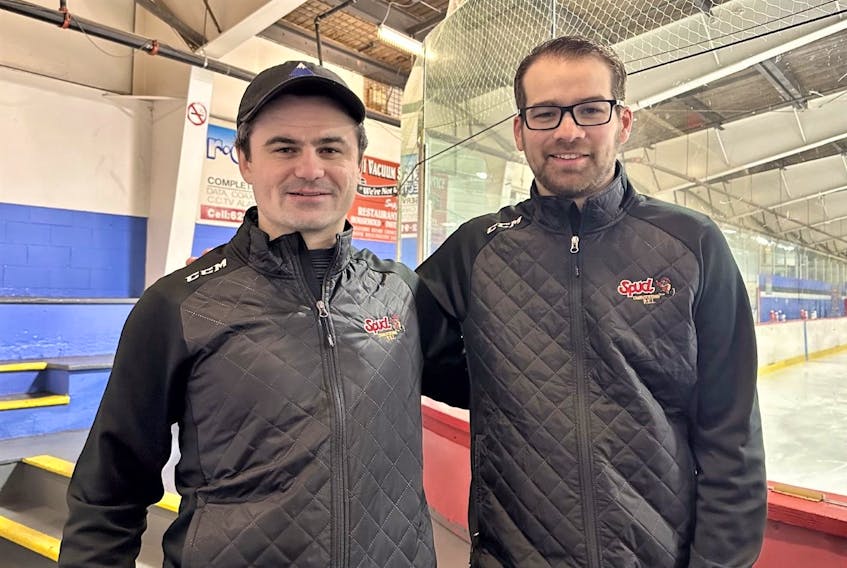 Curtis Hall, left, and Lal Hennessey played in the Spud minor hockey tournament as children and now volunteer to help organize the event. The Spud is returning from Feb. 2-5 for the 46th edition following a two-year break due to COVID-19. Contributed