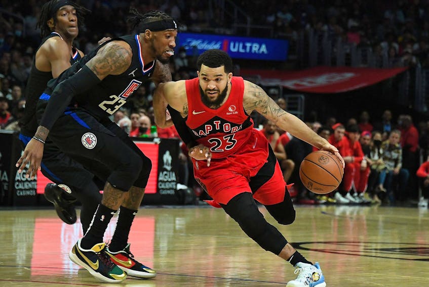 Toronto Raptors guard Fred VanVleet moves to the basket against Los Angeles Clippers forward Robert Covington during the second half at Crypto.com Arena. 