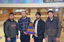 The Tyler Smith-skipped rink from the host Crapaud Community Curling Club won the 2023 P.E.I. Tankard men’s curling championship on Jan. 29. Team Smith went 7-1 (won-lost) in the triple-knockout format. Team members are, from left, Smith, Adam Cocks, third stone, Alex MacFadyen, second stone, and Ed White, lead. The Smith rink will represent P.E.I. at the Tim Hortons Brier in London, Ont., March 3-12. Jason Simmonds • The Guardian