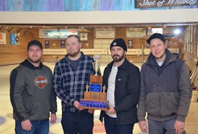 The Tyler Smith-skipped rink from the host Crapaud Community Curling Club won the 2023 P.E.I. Tankard men’s curling championship on Jan. 29. Team Smith went 7-1 (won-lost) in the triple-knockout format. Team members are, from left, Smith, Adam Cocks, third stone, Alex MacFadyen, second stone, and Ed White, lead. The Smith rink will represent P.E.I. at the Tim Hortons Brier in London, Ont., March 3-12. Jason Simmonds • The Guardian