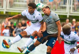 York United FC forward Osaze De Rosario and HFX Wanderers midfielder Marcello Polisi fight for the ball during Premier League action at the Wanderers Grounds on Monday, Aug. 1, 2022. 
Ryan Taplin - The Chronicle Herald