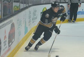 Charlottetown Islanders rookie Isaac Vos, 6, carries the puck during a Quebec Major Junior Hockey League game at Eastlink Centre earlier this season. Vos scored his first QMJHL regular-season goal in the Islanders’ 2-1 overtime loss to the Quebec Remparts on Jan. 29. Jason Simmonds • The Guardian