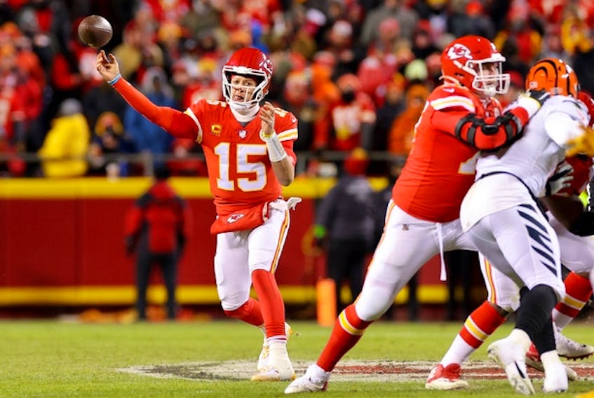 Chiefs' Patrick Mahomes throws a pass against the Cincinnati Bengals during the second quarter in the AFC Championship Game at GEHA Field at Arrowhead Stadium on Jan. 29, 2023 in Kansas City.
