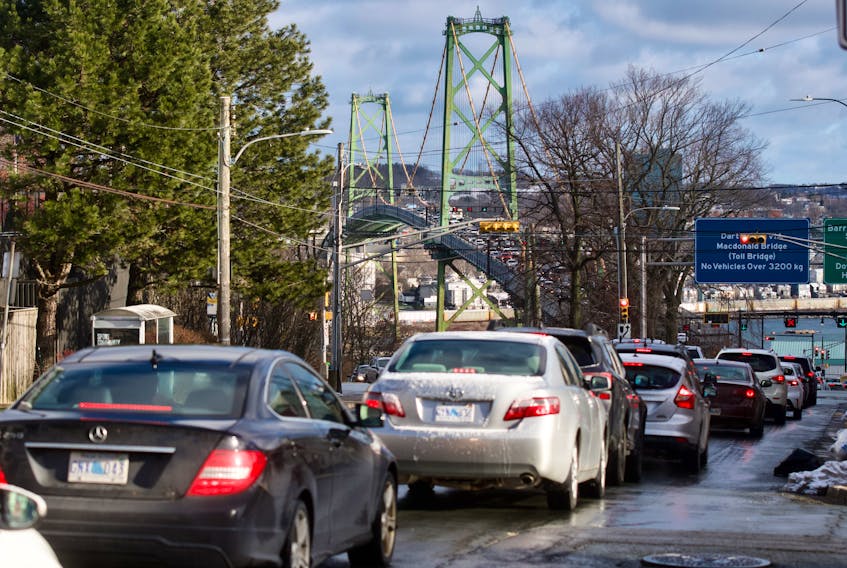 Motorists wait to get onto the Macdonald Bridge on Tuesday, Jan. 24, 2023. Two people were seriously injured in a crash on the MacKay Bridge which also caused major traffic backups on both sides of the Harbour during morning rush-hour. Ryan Taplin - The Chronicle Herald