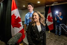 Prime Minister Justin Trudeau and Finance Minister Chrystia Freeland, centre right, arrive at a federal cabinet retreat in Hamilton, Ont., on Jan. 23.