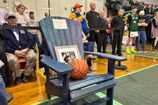 This chair now sits court side at Breton Education Centre gymnasium as permanent reminder of Janet Morrison, who was considered the Coal Bowl’s biggest fan. It was unveiled during opening ceremonies for the basketball tournament on Monday. JEREMY FRASER/CAPE BRETON POST