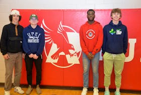 Host Charlottetown Rural High School will be represented by two teams in boys’ play at this week’s Confederation City Classic tournament. Nathan Wheeler and Alex Wynne, second left, represent the senior AA boys’ team while Kambi Obodo, second right, and Kallen Power are members of the senior AAA boys’ team. Play began Jan. 4 and continues through until Jan. 7. Jason Simmonds • The Guardian