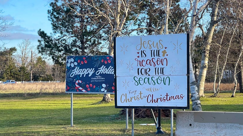 A sign depicting a religious message to "Keep Christ in Christmas" has been installed over the last three years by city staff, despite the municipality not owning the sign. Kenny Zakem, the sign's owner, says he initially put the sign up himself in 2020 but was told the city would put it up after it blew over. Cody McEachern • The Guardian