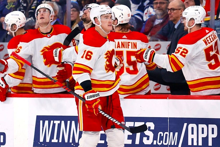 Calgary Flames defenceman Nikita Zadorov (16) celebrates his goal against the Winnipeg Jets at Canada Life Centre in Winnipeg on Tuesday, Jan. 3, 2023. 