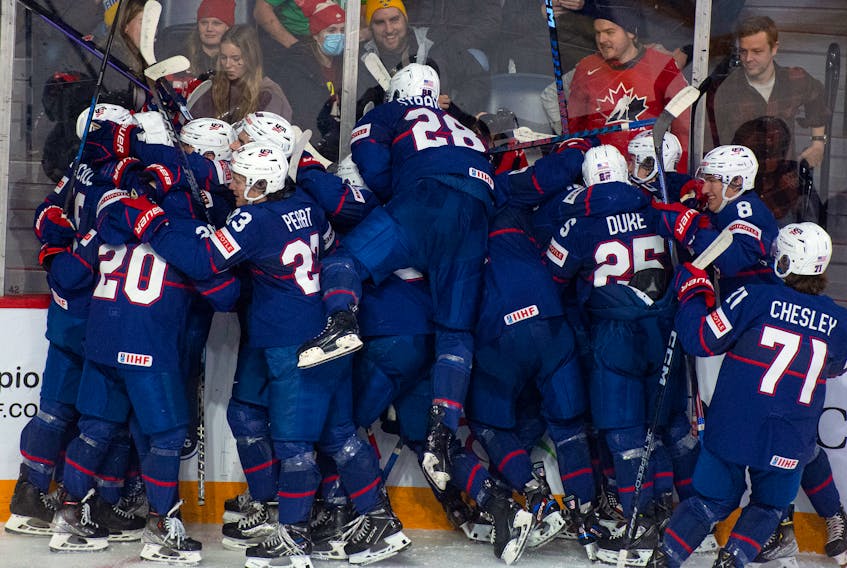 U.S. players celebrate at the end of their bronze-medal game against Sweden at the IIHF World Junior Hockey Championships in Halifax on Thursday, Jan. 5, 2023.
Ryan Taplin - The Chronicle Herald