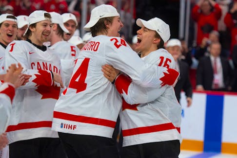 Canada's Ethan del Mastro and Connor Bedard their 3-2 win in the gold-medal game against Czechia at the IIHF World Junior Hockey Championships in Halifax on Thursday, Jan. 5, 2023.
Ryan Taplin - The Chronicle Herald