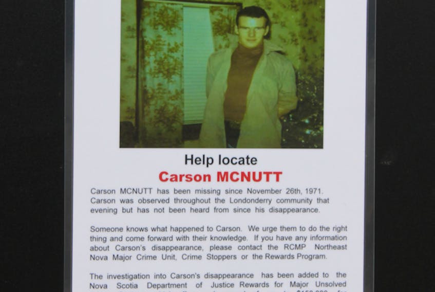 A missing persons poster of Carson McNutt, posted at the Tim Hortons drive-thru in Masstown.