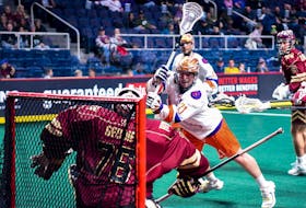 Halifax Thunderbirds forward Chris Boushey dives to score one of his four goals Saturday night against the Albany FireWolves in National Lacrosse League action Saturday night in Albany, N.Y. - NATIONAL LACROSSE LEAGUE