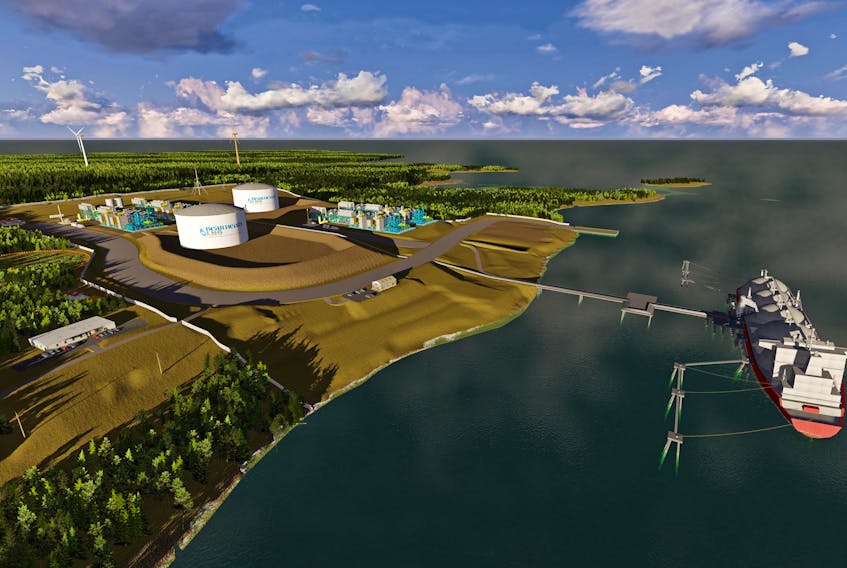 This conceptual image shows the Bear Head site as it might have looked as a liquified natural gas (LNG) facility. The company, now called Bear Head Energy, plans to construct a green hydrogen and ammonia production, storage and export facility at the Canso Strait location. CONTRIBUTED