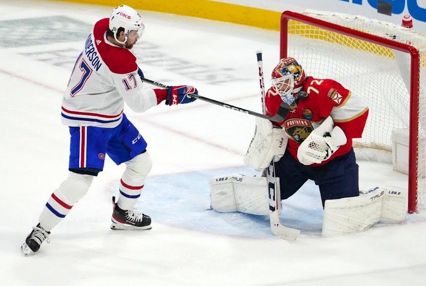 Florida Panthers' Sergei Bobrovsky stops Montreal Canadiens right-winger Josh Anderson during the first period at FLA Live Arena in Sunrise, Fla., on Dec. 29, 2022.