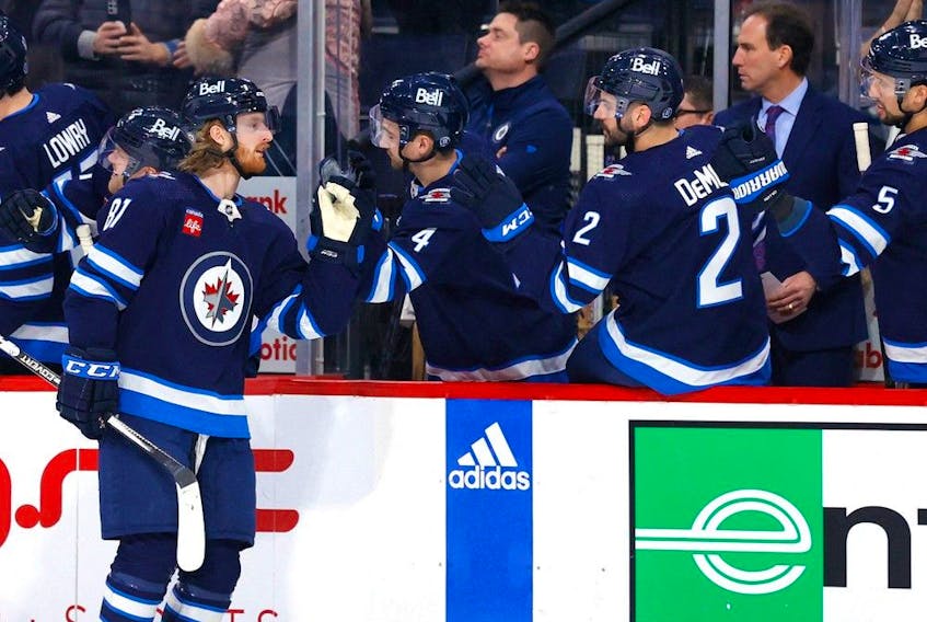  Winnipeg Jets left wing Kyle Connor celebrates his second first period goal against the Vancouver Canucks at Canada Life Centre. Photo: James Carey Lauder-USA Today Sports