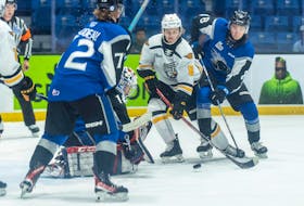 Cape Breton Eagles' Cole Burbidge, centre, looks to take a shot in front of Saint John Sea Dogs goalie Patrick Leaver, second from left, while Sea Dogs teammates Nicolas Bilodeau, left, and <a target="_players" href="https://www.hockeydb.com/ihdb/stats/pdisplay.php?pid=252695&encode=TRUE" style="color: black; font-family: Verdana, Tahoma, Arial, Helvetica, sans-serif; font-size: 13px; text-wrap: nowrap;">Tristan Dassylva</a> defend during Saturday's QMJHL game at TD Station in Saint John. The Eagles would go on to win 5-4 in overtime. CONTRIBUTED