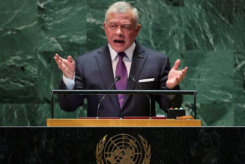 FILE PHOTO: Jordan's King Abdullah II addresses the 78th Session of the U.N. General Assembly in New York City, U.S., September 19, 2023.  REUTERS/Mike Segar/File Photo