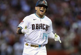 Gabriel Moreno of the Arizona Diamondbacks rounds the bases after hitting a home run in the third inning against the Los Angeles Dodgers.