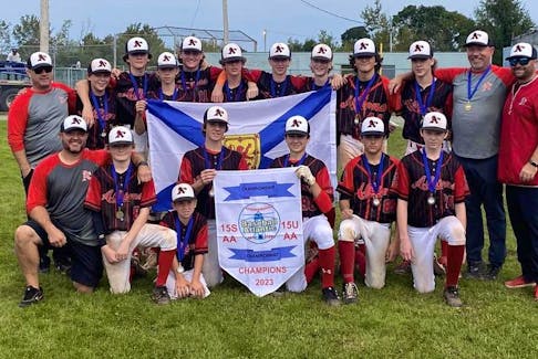 Stellarton Albions AA U15, with players from across Pictou County, are the Atlantic champions for their division, following a strong showing as the host team in late September. Front row, from left, head coach Leigh MacLennan, Matt Kennedy, bat boy Grayson Chaisson, Evan MacIntosh, Lincoln Bungay, Gavin Benard and Aaron Shewchuk. Second row, from left, assistant coach Jason “Smurf” MacKinnon, Gavin MacDonald, Chase Comeau, Mason Patriquin, Carter Anderson, Brody MacLennan, Liam Park, Chace Campbell, Matt Scullion, Max MacKinnon with assistant coaches Ian “Tiptoe” MacIntosh and John Bungay. Contributed