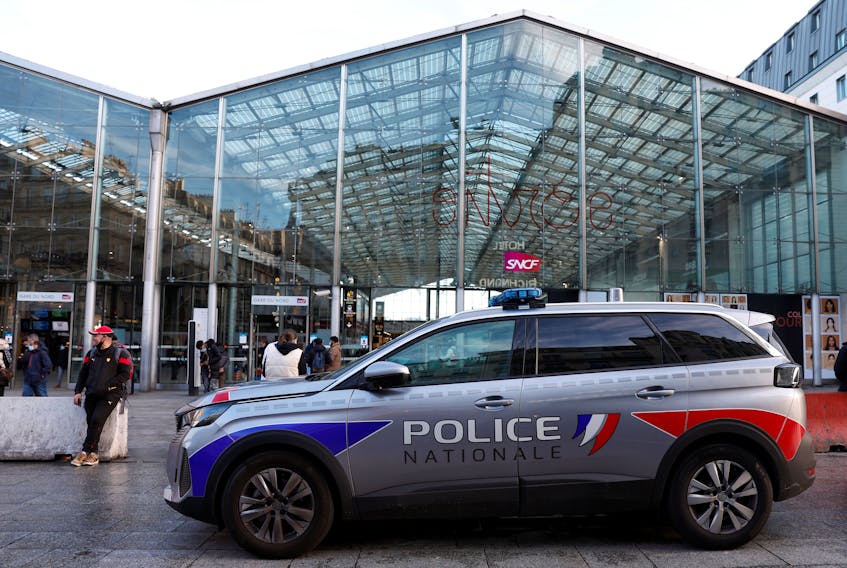 FILE PHOTO: French police outside the Gare du Nord station after French police killed a person who attacked them with a knife inside the train station in Paris, France, February 14, 2022. REUTERS/Benoit Tessier/File photo