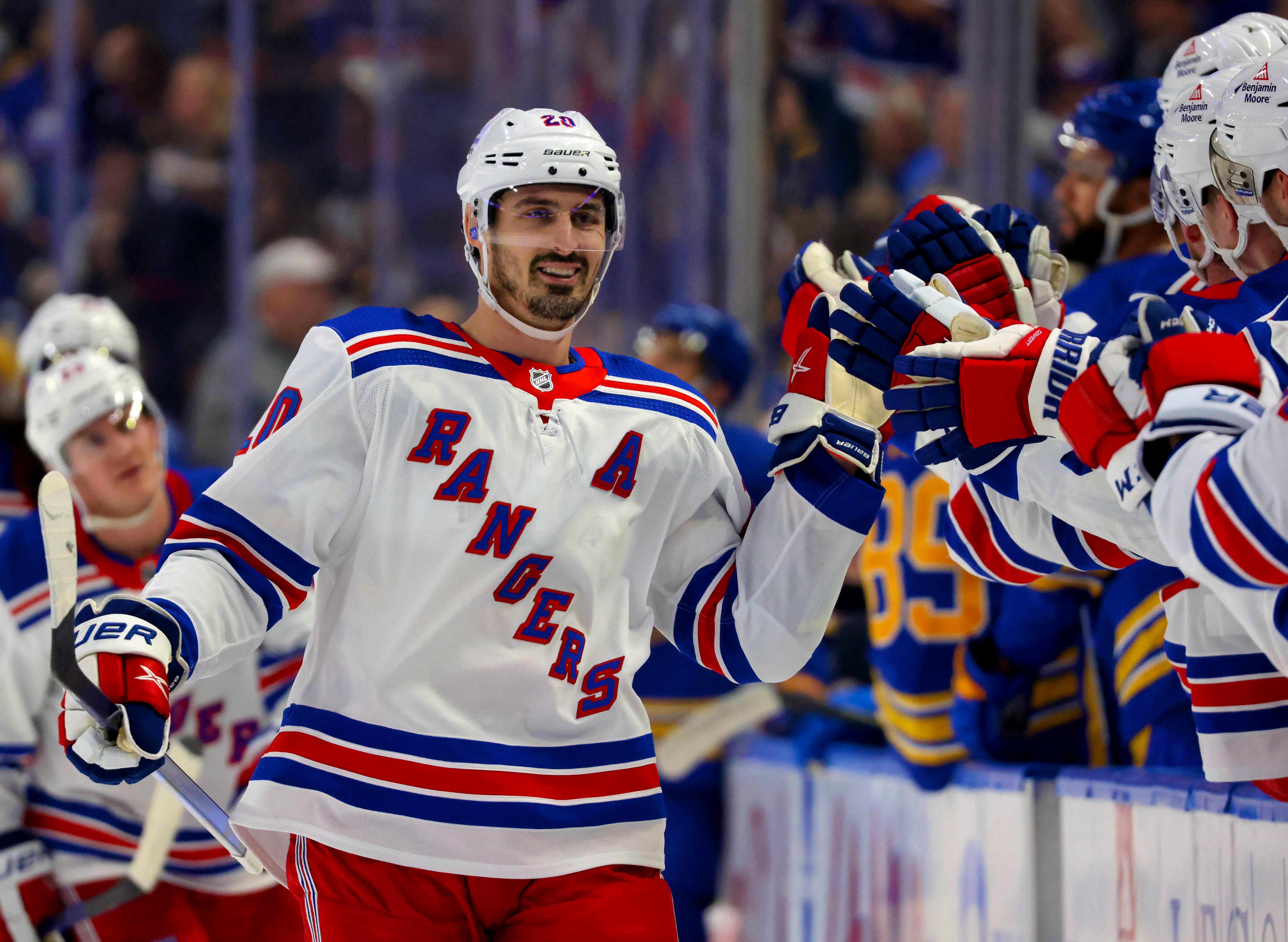 New York Rangers - Adam Fox celebrates his first NHL goal.