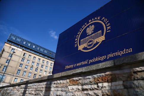 FILE PHOTO: The logo of the Polish Central Bank (NBP) is seen on their building in Warsaw, Poland, September 25, 2023. REUTERS/Kacper Pempel