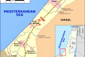 Map depicting the Gaza Strip and West Bank, regions at the center of the ongoing Middle East crisis. Wikipedia Screenshot.