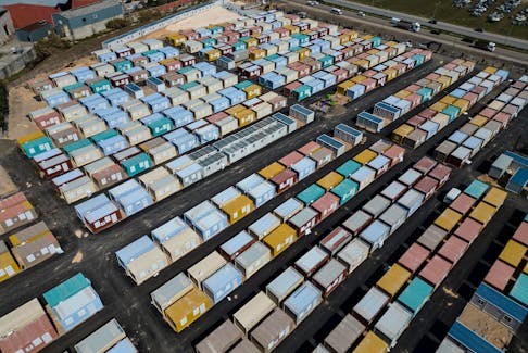FILE PHOTO: Container homes which were sent from Qatar for earthquake survivors are seen at a container camp before its opening ceremony in Hatay, Turkey March 11, 2023. REUTERS/Stringer/File Photo