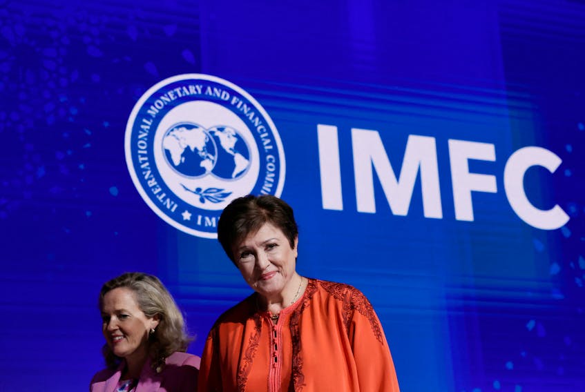International Monetary and Financial Committee (IMFC) Chair Nadia Calvino and International Monetary Fund (IMF) Managing Director Kristalina Georgieva arrive for a news conference during the annual meeting of the International Monetary Fund and the World Bank, following last month's deadly earthquake, in Marrakech, Morocco, October 14, 2023. REUTERS/Susana Vera