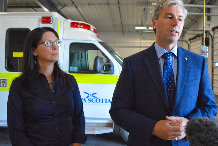 Nova Scotia Health Minister Michelle Thompson, left, and Premier Tim Houston speak to the media at the Emergency Health Services headquarters in Sydney in 2021 about improving health-care delivery in the province. SaltWire File
