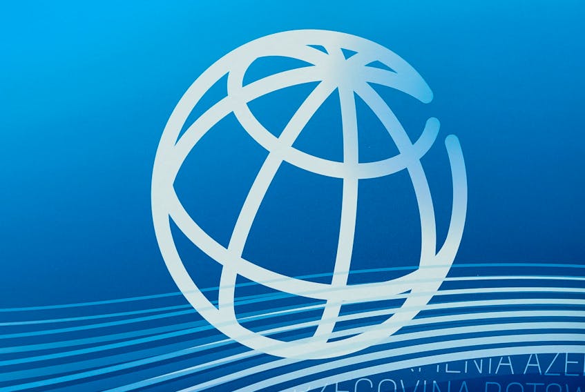 FILE PHOTO: The World Bank logo is seen at the 2023 Spring Meetings of the World Bank Group and the International Monetary Fund in Washington, U.S., April 13, 2023. REUTERS/Elizabeth Frantz/File Photo