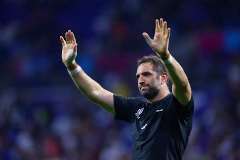 FILE PHOTO: Rugby Union - Rugby World Cup 2023 - Pool A - New Zealand v Italy - Groupama Stadium, Lyon, France - September 29, 2023 New Zealand's Samuel Whitelock celebrates after the match REUTERS/Paul Childs/File Photo