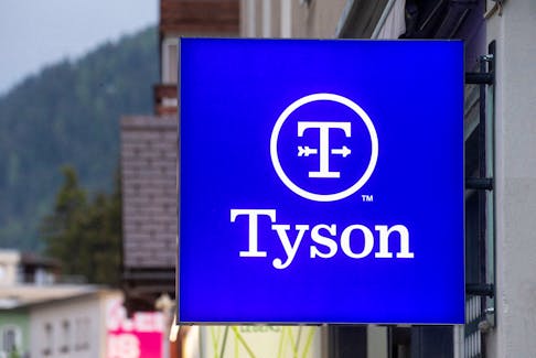 FILE PHOTO: The logo of Tyson Foods is seen in Davos, Switzerland, May 22, 2022. REUTERS/Arnd Wiegmann/File Photo