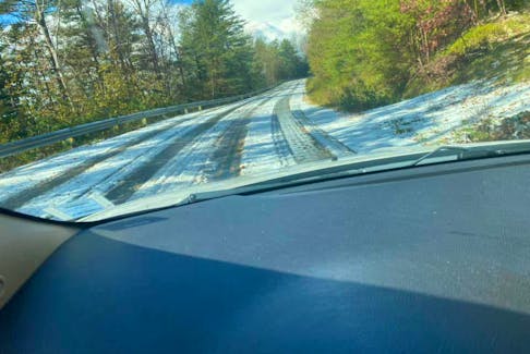 What looks like snow was hail during Connie Genge’s commute through East LaHave, N.S., last Friday. -Contributed